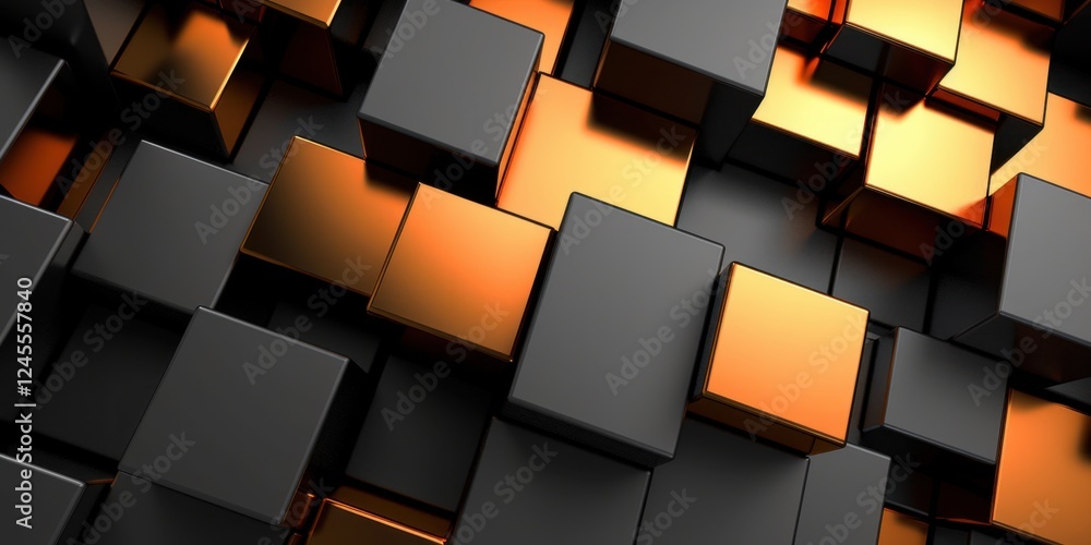 Aufkleber abstract 3d render of interlocking black and gold cubes, geometric pattern background texture