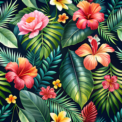 Fototapeta premium Vibrant Tropical Flowers and Lush Leaves Seamless Pattern