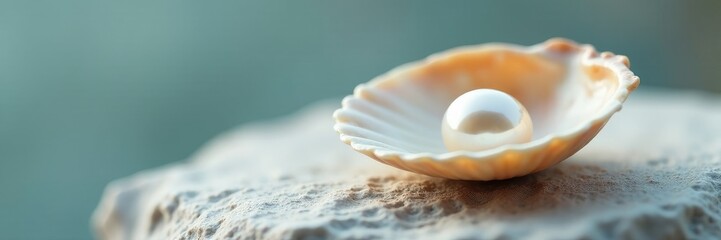 A single pearl bead nestled in the curve of a shell on a light gray stone surface, single pearl, natural