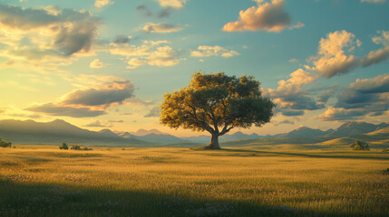 Fototapeta premium Picturesque nature landscape, vast open fields with golden-green grass, a magnificent tree centered in the frame