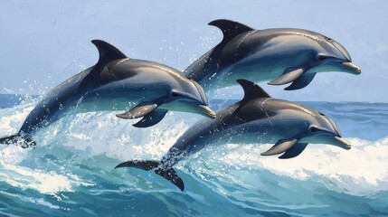 Playful Dolphins Leaping Over Waves in Vibrant Ocean Scene