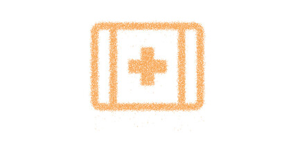 Icon first aid is made of yellow grains of sand. Some grains of sand fall down. Transparent background. Black