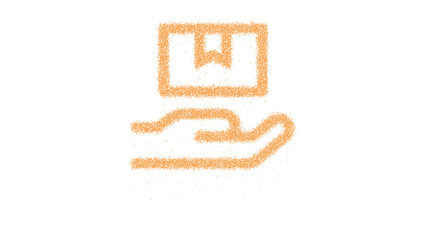 Icon hand holding box is made of yellow grains of sand. Some grains of sand fall down. Transparent background. Black