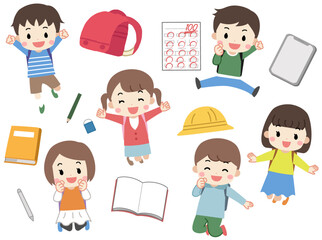 勉強する子供たちのイラスト素材セット