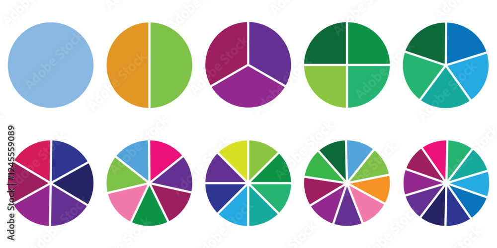 Poster infographic icon pie circles set divided radius in grey color. segments of circle with 1 to 10 piece
