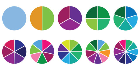 Infographic icon pie circles set divided radius in grey color. Segments of circle with 1 to 10 pieces. Pie diagram set. Divided circle sections set. Vector illustration isolated on white background. 