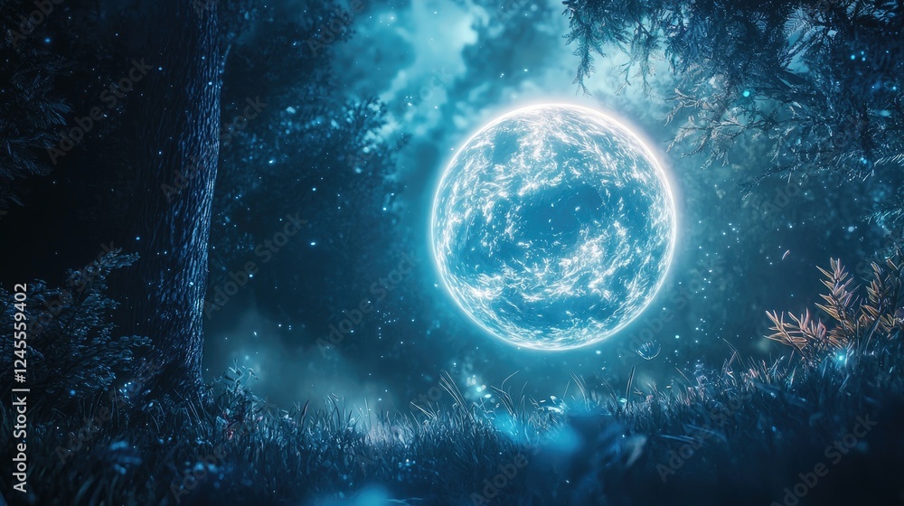 Wall mural a mystical scene with a glowing orb floating in the air.