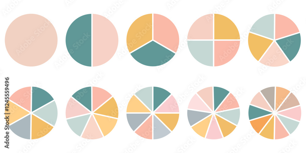 Poster pie chart color icons. segment slice sign. circle section graph. 1,2,3,4,5 segment infographic. whee
