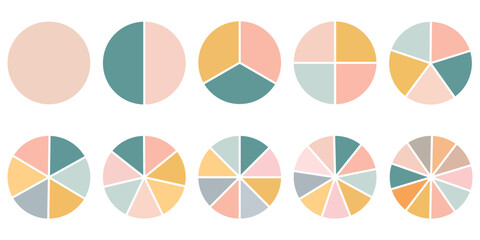 Pie chart color icons. Segment slice sign. Circle section graph. 1,2,3,4,5 segment infographic. Wheel round diagram part symbol. Geometric element. Vector illustration