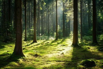 Obraz premium Sunlight Streaming Through Dense Forest Trees