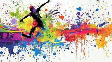 Colorful dancer leaping, vibrant paint splashes, energy, movement, design