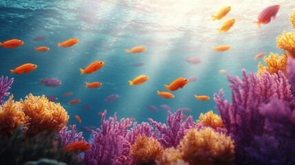 Naklejka premium Vibrant Coral Reef with Colorful Fish in Crystal Clear Water