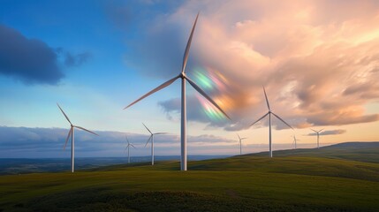Wind Turbines at Sunset in a Beautiful Landscape with Colorful Sky