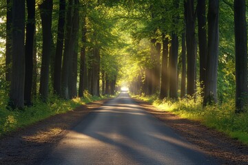 Fototapeta premium Sunlit Road Through Lined Trees in Peaceful Countryside