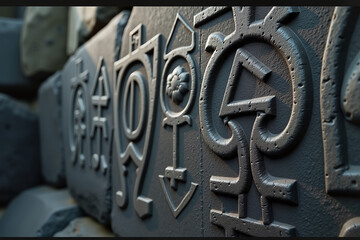 Carved Symbols on Dark Gray Stone Surface