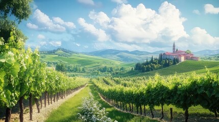 Fototapeta premium Scenic Vineyard Landscape with Rolling Hills and a Classic Tuscan Style Building