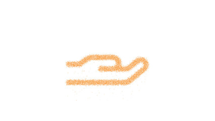 Icon hand holding is made of yellow grains of sand. Some grains of sand fall down. Transparent background. Black