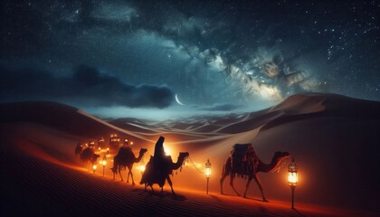 A caravan of camels journeying through a desert at night, guided by lanterns under a starry sky. A crescent moon is visible.