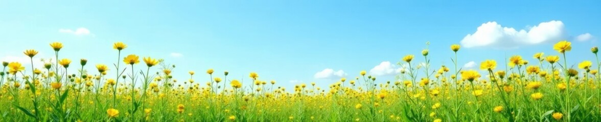 Obraz premium Tall yellow and green wildflowers against a blue sky, countryside, wildflowers