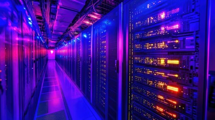 Fototapeta premium A brightly lit server room featuring rows of high-tech servers illuminated by colorful LED lights.