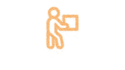 Icon person carry is made of yellow grains of sand. Some grains of sand fall down. Transparent background. Black