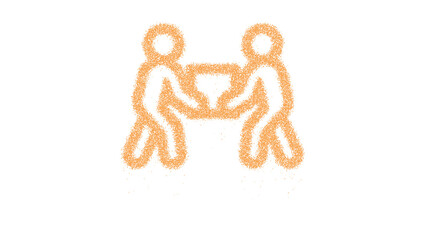 Icon people carry is made of yellow grains of sand. Some grains of sand fall down. Transparent background. Black