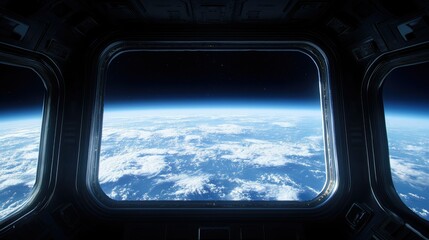 A futuristic spacecraft interior featuring a large window that frames a view of Earth from space.