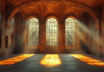 Fototapeta premium Grand Medieval Hall with High Stone Walls and Arches Featuring Elegant Stairs and Balcony