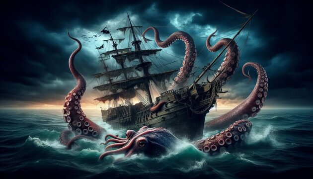 A kraken attacks a ship in this ominous scene. The massive sea creature wraps its tentacles around the old vessel, creating chaos in the dark waters.