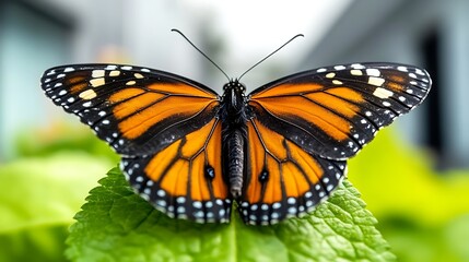 Naklejka premium A vibrant Monarch butterfly perched on a green leaf with a blurred urban background