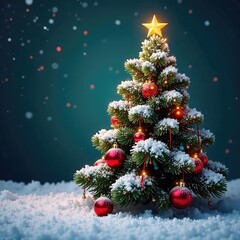 Snow-covered Christmas tree with balls and ornaments, evergreen, balls, colorful