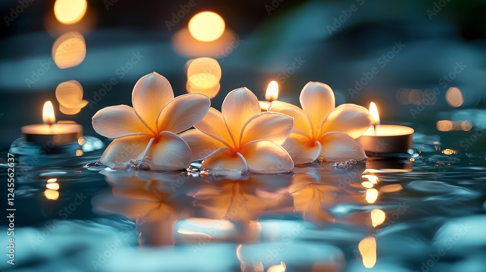 Poster delicate flowers rest on the water's surface, surrounded by flickering candles that cast a warm glow