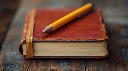 Naklejka premium Capturing inspiration a professional notebook amidst creative chaos rustic workspace still life artistic perspective writing concept