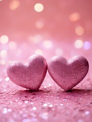 Fototapeta premium Valentines day festive background with two hearts In Shiny Background Valentine's Day glitter background