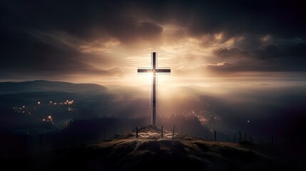 Naklejka premium Silhouette Holy cross concept symbol on top mountain&nbsp;Resurrection background with sunlight