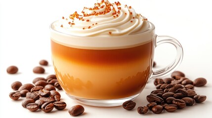Creamy latte in a glass cup topped with whipped cream and sprinkled with spices, surrounded by coffee beans