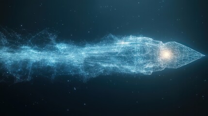 Abstract glowing rocket launching into space.