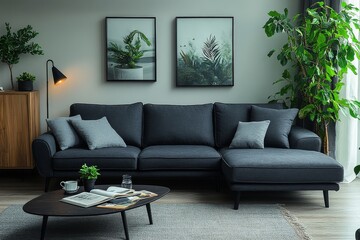 Dark gray fabric sofa with chaise lounge and black metal legs in a Scandinavian-style living room with a wooden sideboard, soft lighting, and cozy decor.