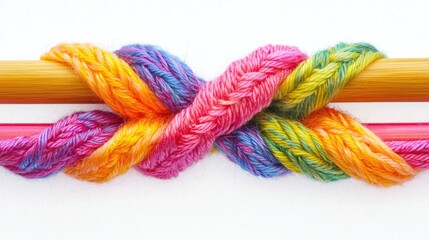 A pair of knitting needles with bright yarn intertwined, creating a beautiful stitch.
