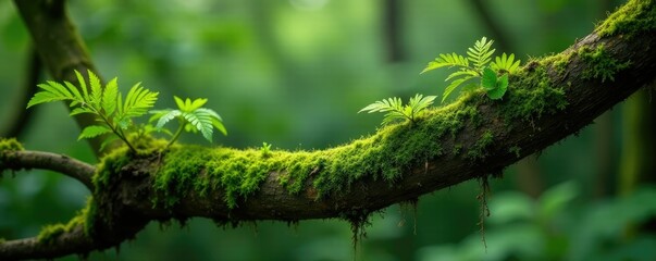Fototapeta premium Moss and ferns entwined on a weathered tree branch, nature, organic, botanical
