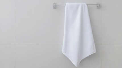 White towel hanging on a chrome rack in a modern bathroom with minimalist design