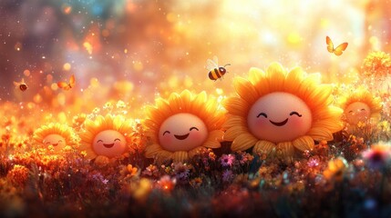 Cheerful animated sunflowers smiling in a vibrant field with butterflies and bees in a sunny backdrop