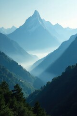 Fototapeta premium misty mountain peaks rising from foggy valley, valley, fog, landscape