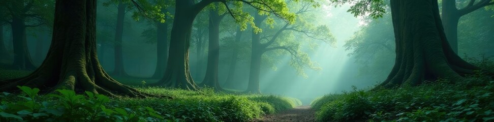 Misty woods with dense undergrowth and giant trees, deep forest, brush, leafy