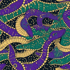 Colorful abstract pattern featuring twisting snakes and bright dots on a dark background