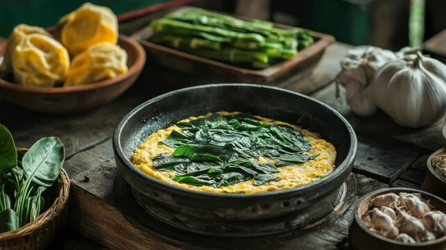Thai omelette with fresh chaom leaves rustic kitchen setting food photography natural lighting culinary art