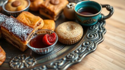 A tasty breakfast still life with hot tea or coffee, fresh bread, and perhaps a sweet cake