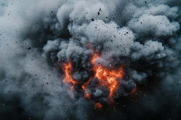 Impressive black explosion with smoke and debris rising, perfect for military contexts, disaster response imagery, and combat training backgrounds on a neutral canvas