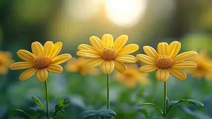 Bright yellow flowers blooming in a lush garden during golden hour, creating a serene atmosphere