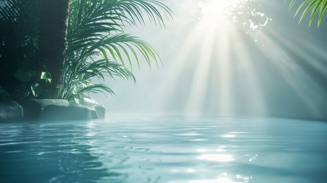gentle water movement patterns, subtle blue environmental gradients, soft tropical shadows, luxurious display scene, ethereal sunbeams, minimal aesthetic, pristine aquatic surface
